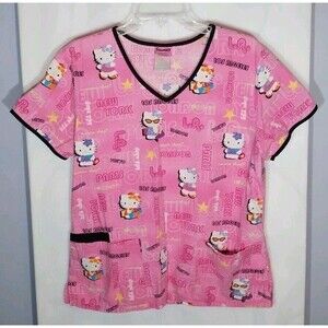 Sanrio Hello Kitty Scrub Top M Pink Cartoon Nurse Pockets V-Neck